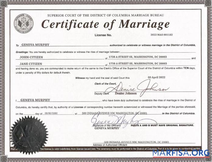 Realistic USA Washington district of Columbia marriage certificate template in PSD format
